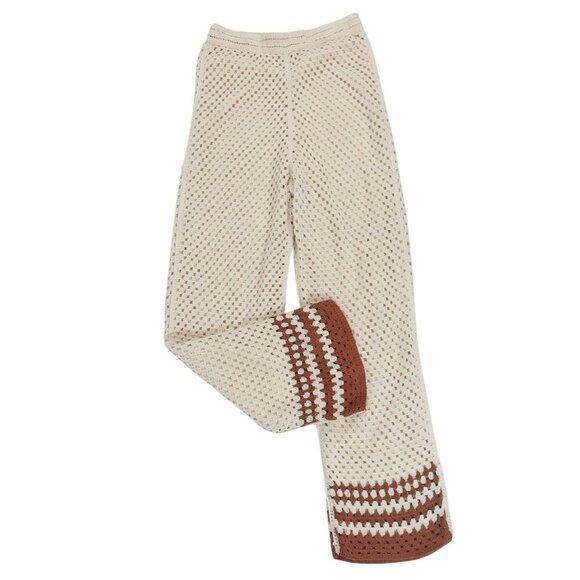 Women's wide leg crochet pants with contrast hem, bohemian style, size S. - Picture 5 of 8